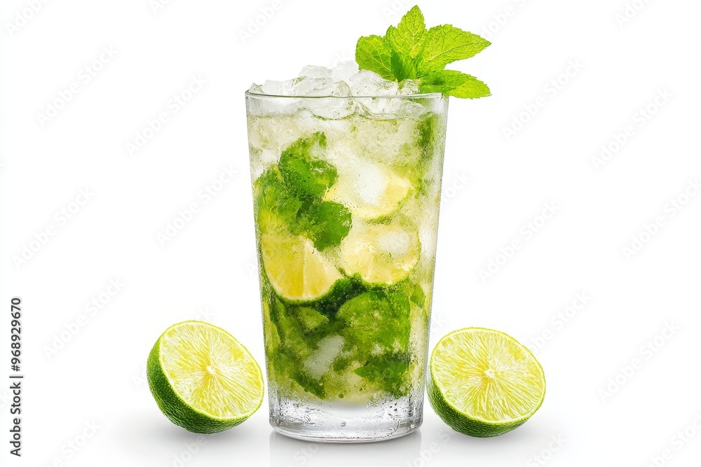 Refreshing Mojito Cocktail with Fresh Mint and Lime Wedges, Isolated on a White Background. Refreshing Mojito Cocktail with Fresh Mint and Lime Wedges, Isolated on a White Background.