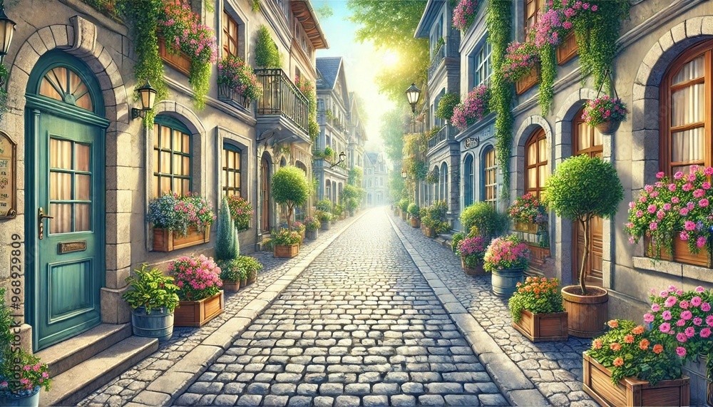 Charming European Street with Cobblestones and Potted Plants Generative AI Charming European Street with Cobblestones and Potted Plants Generative AI