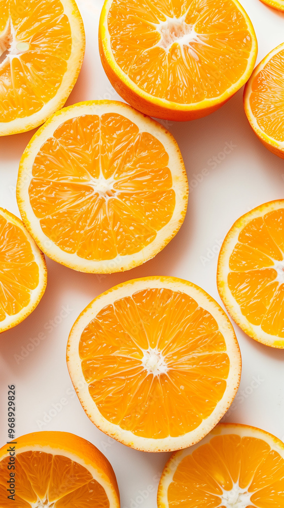 Fototapeta premium Top view of sliced oranges on white background with copy space