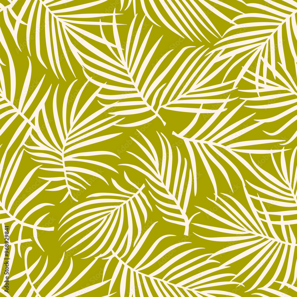 Fototapeta premium Palm leaf pattern. Green and beige vector seamless botanical ornament. Elegant minimal background with tropicals plants, leaves. Simple modern floral texture. Repeated design for decor, print, textile