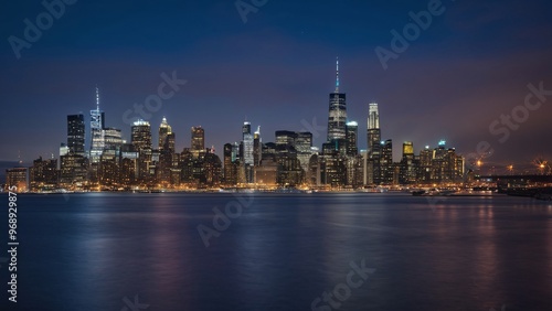 Glowing City Skyline Reflecting on Water at Night