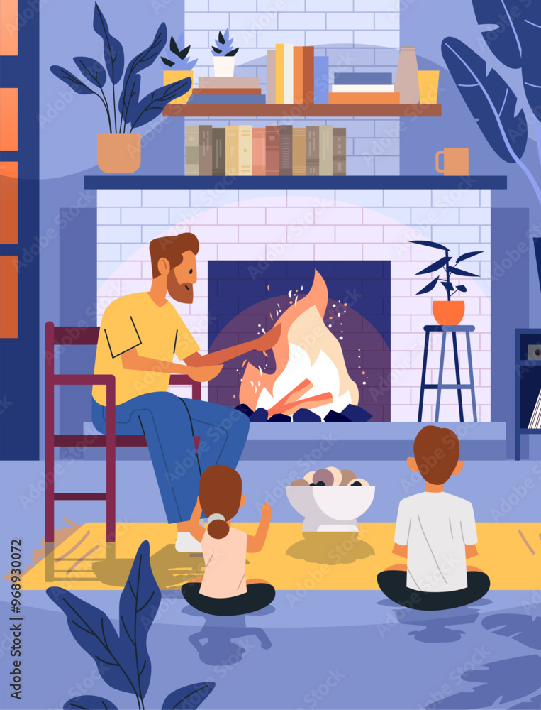 Fototapeta premium Family by fireplace cozy home scene Father reading story to children warm atmosphere living room books plants modern interior design