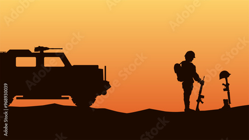 Landscape illustration of soldier giving respect to fallen soldier