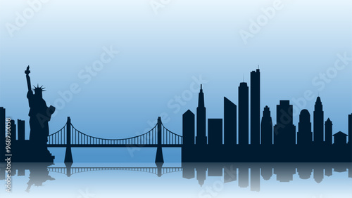 Cityscape illustration of new york city with Liberty statue and bridge