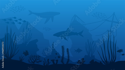 Landscape illustration of shipwreck in the deep sea with coral reefs