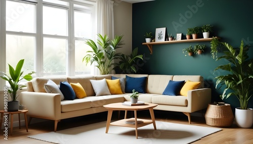 Photo modern style interior room 3d illustration Interior frame living room with colorful white sofa