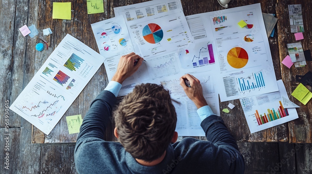 Businessman analyzing financial data, graphs, and charts with a pen on wooden desk. Businessman analyzing financial data, graphs, and charts with a pen on wooden desk.