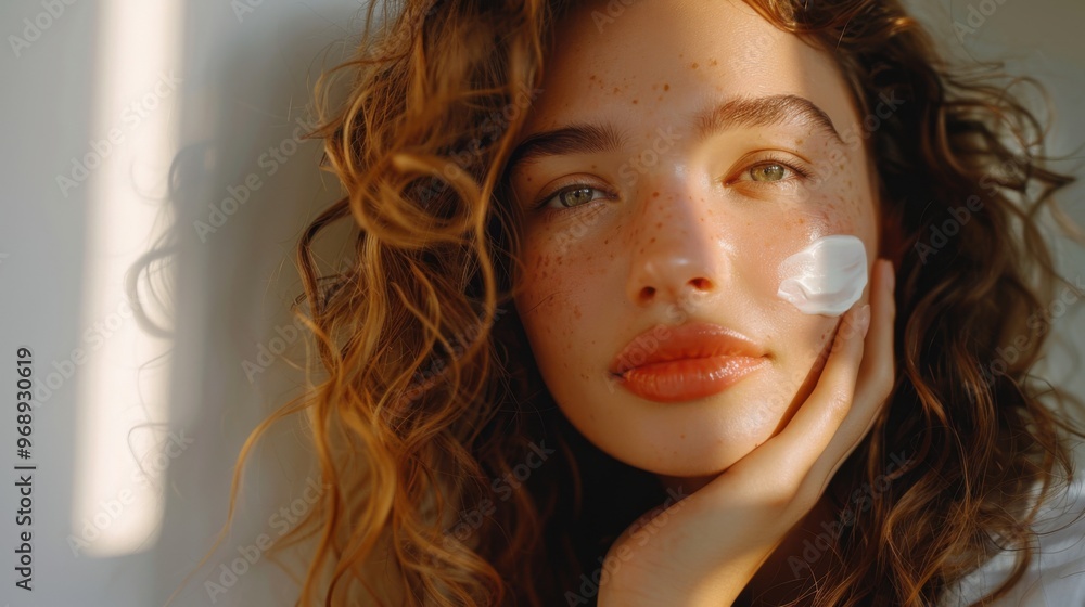Woman gently smoothing hydrating cream, soft morning light, promoting skin hydration and freshness. Woman gently smoothing hydrating cream, soft morning light, promoting skin hydration and freshness.