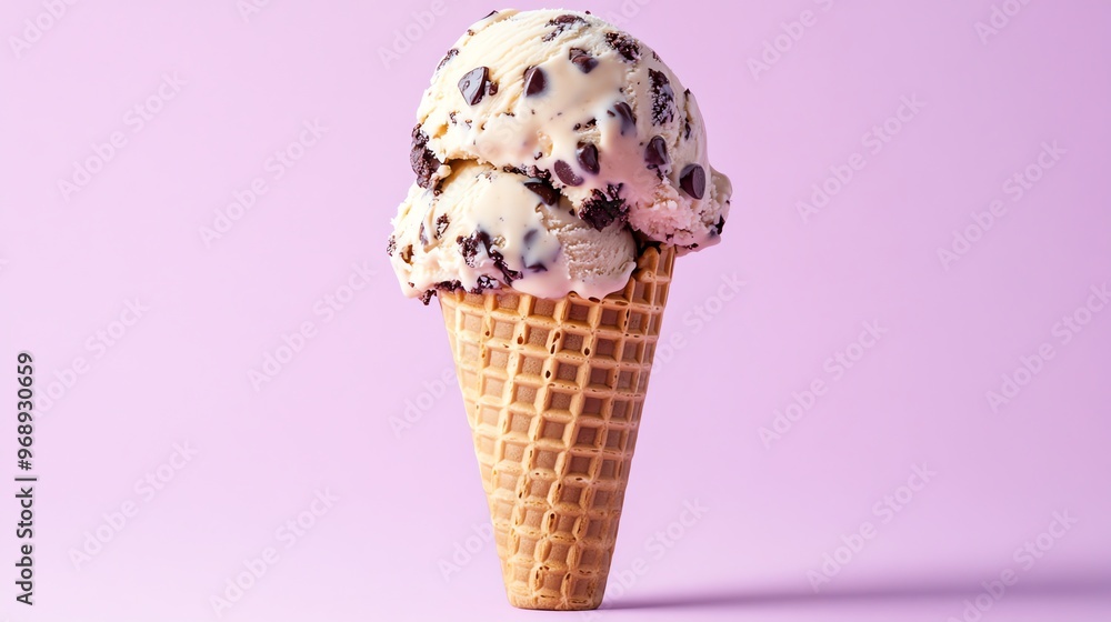 A waffle cone filled with two scoops of chocolate chip ice cream on a purple background. A waffle cone filled with two scoops of chocolate chip ice cream on a purple background.