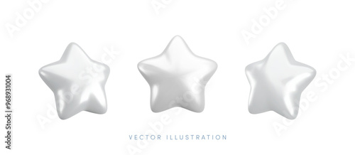 Vector 3d white star icons set. Cute realistic cartoon 3d render, glossy metallic silver star front and side projection, for customer rating concept, decor, web, game design, app, advert.