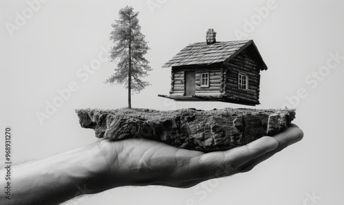 a monochromatic hand with the palm facing up holding a wood cabin house on top of a floating frame of a piece of land, background is flat white photo