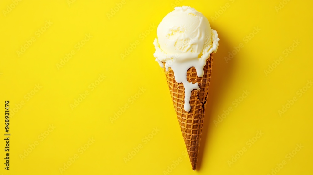 A melting ice cream cone on a yellow background. A melting ice cream cone on a yellow background.
