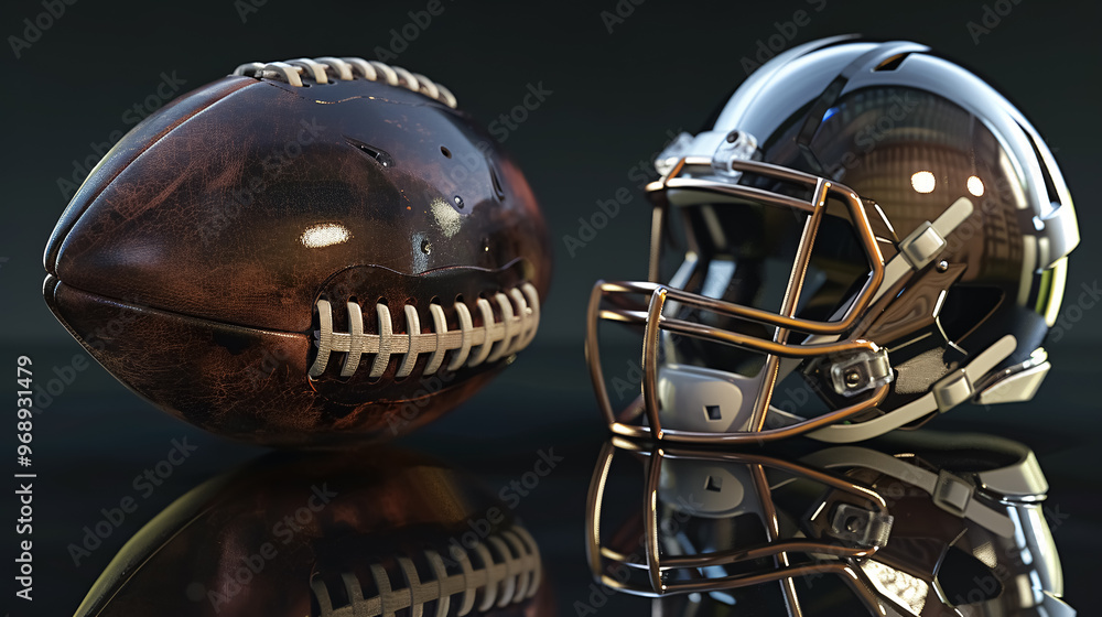 Fototapeta premium A reflective football helmet and leather football.