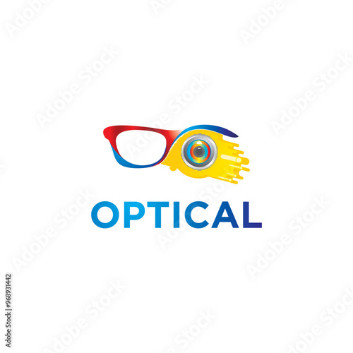 Modern Optics Logo, eye illustration, eyeglass symbol.