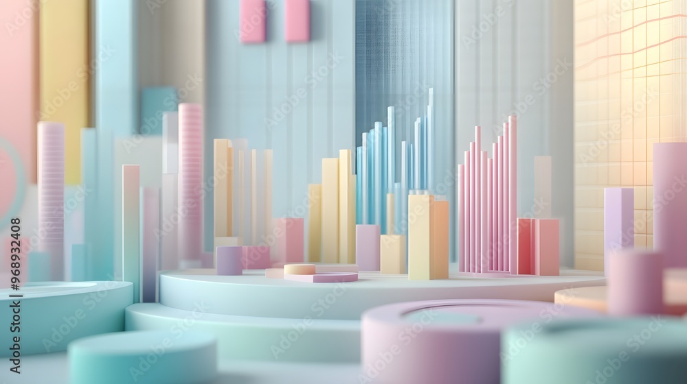 3D illustration of abstract data charts and graphs in an analytical environment, soft pastel colors with intricate patterns, diffused lighting creating a serene and professional mood, clean and 3D illustration of abstract data charts and graphs in an analytical environment, soft pastel colors with intricate patterns, diffused lighting creating a serene and professional mood, clean and