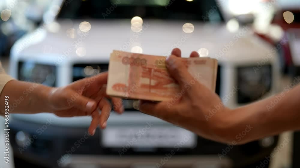 Closeup of unrecognizable salesperson counting money and handing over car key to female customer in car dealership. Happy buyer completing cash transaction for new car. Shooting in slow motion. Closeup of unrecognizable salesperson counting money and handing over car key to female customer in car dealership. Happy buyer completing cash transaction for new car. Shooting in slow motion.