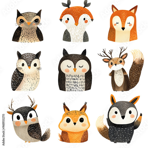 Cute woodland animal illustrations such as owls, deer, and foxes, perfect for children's designs and nature-themed projects. photo