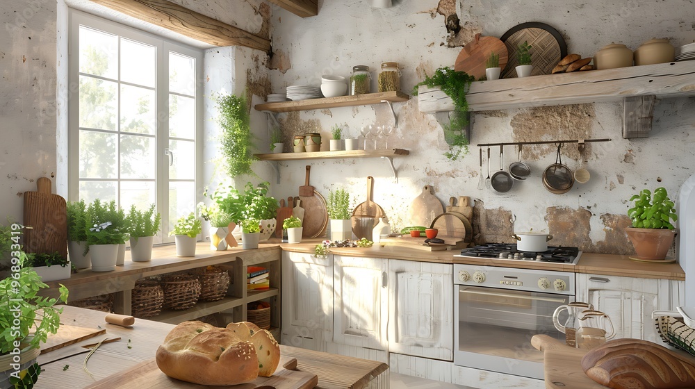 Rustic kitchen with a wooden table on bread Rustic kitchen with a wooden table on bread