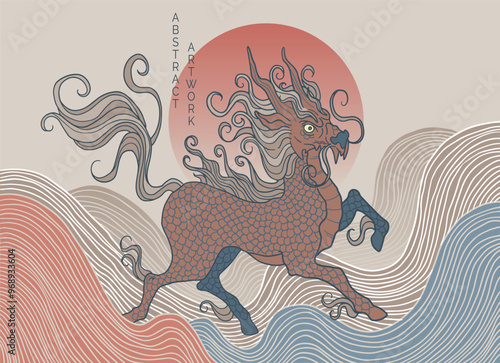 mythological creature - qilin, blue and orange and yellow colours, simple wave pattern	