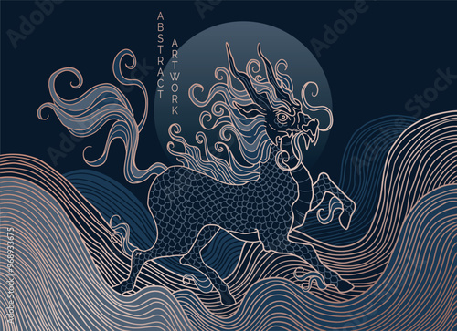mythological creature - qilin, blue and gold colours, simple wave pattern