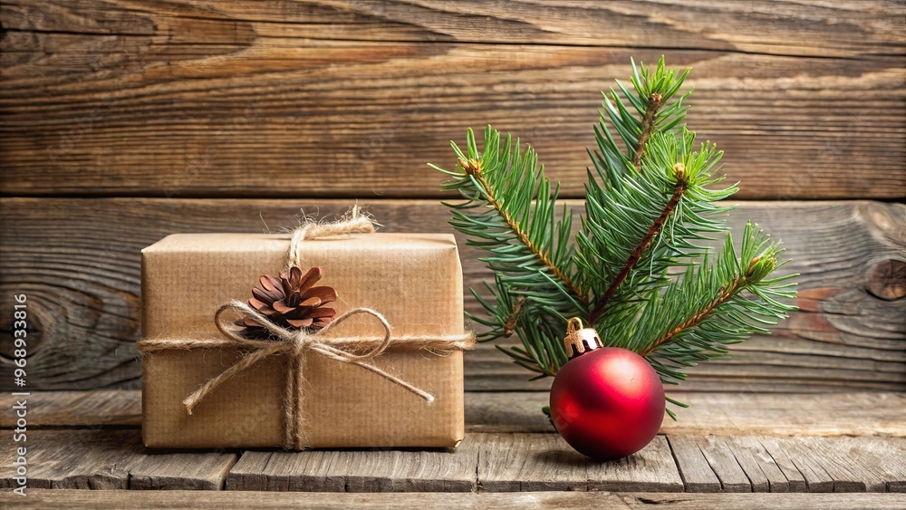 Rustic gift box decorated with pine branch and Christmas bauble Rustic gift box decorated with pine branch and Christmas bauble
