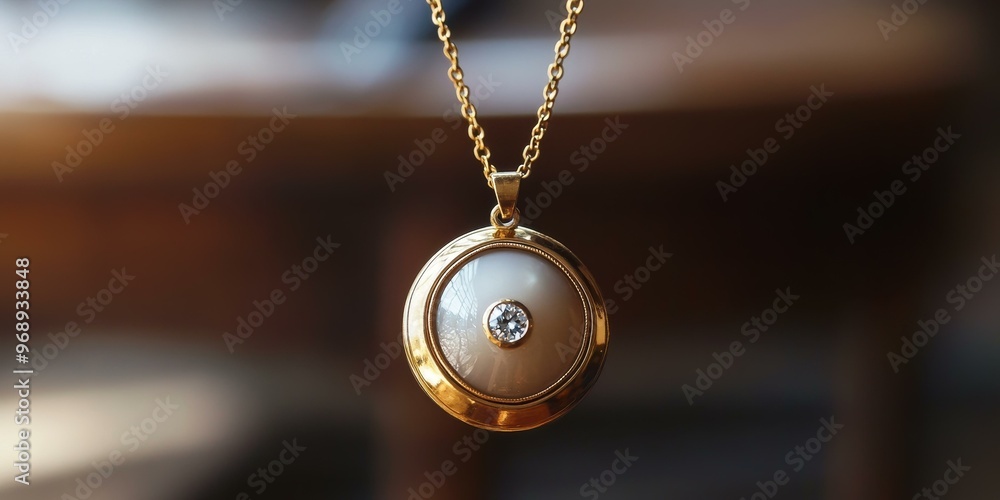 Gold chain necklace with a round pendant and a diamond. Gold chain necklace with a round pendant and a diamond.