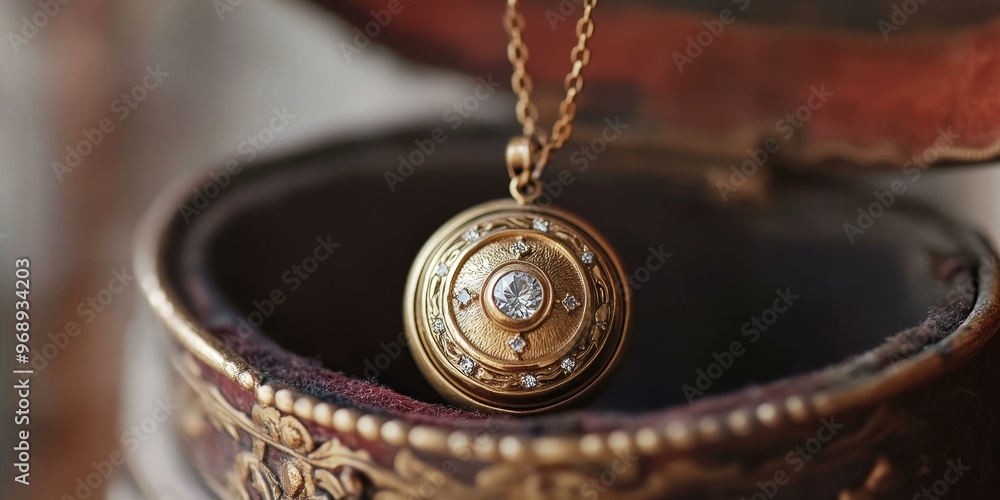 A gold pendant with a diamond in a velvet box. A gold pendant with a diamond in a velvet box.