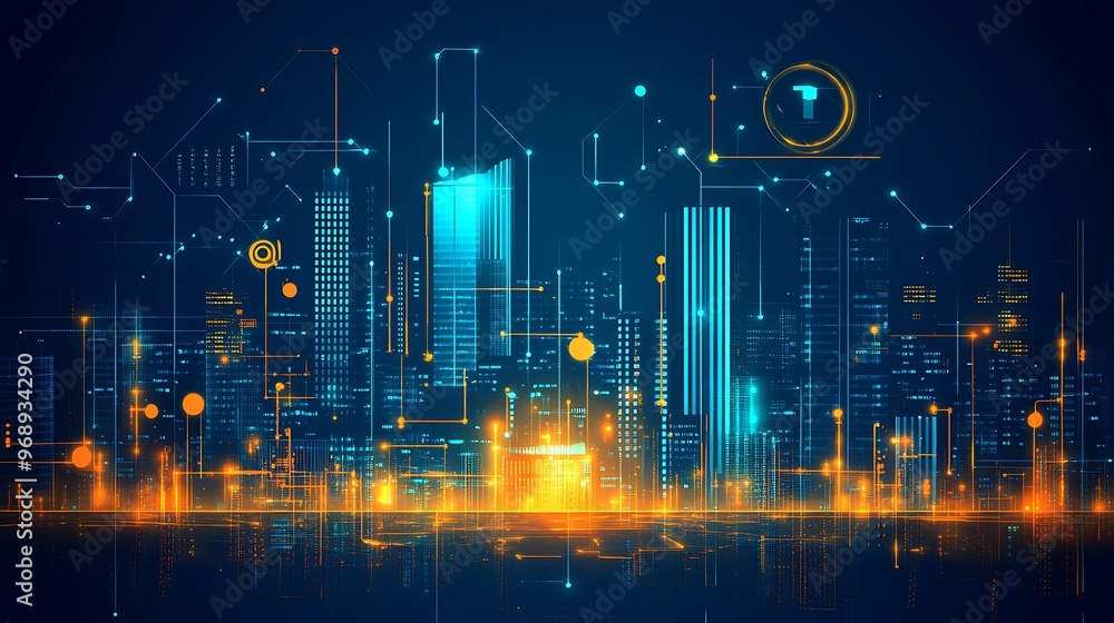 Fototapeta premium Futuristic Cityscape with Glowing Lines and Circles