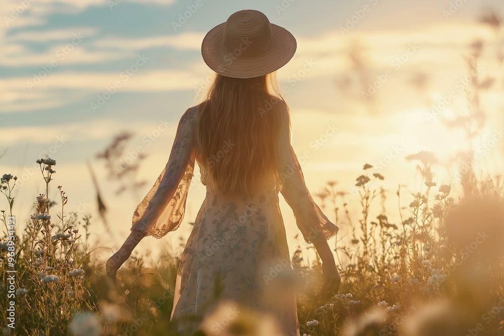 Ethereal Sunset and Wildflowers with a Lady