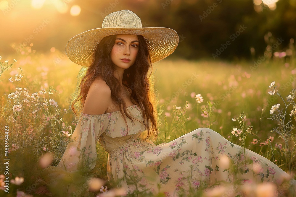 Serene Portrait of a Woman in a Floral Meadow