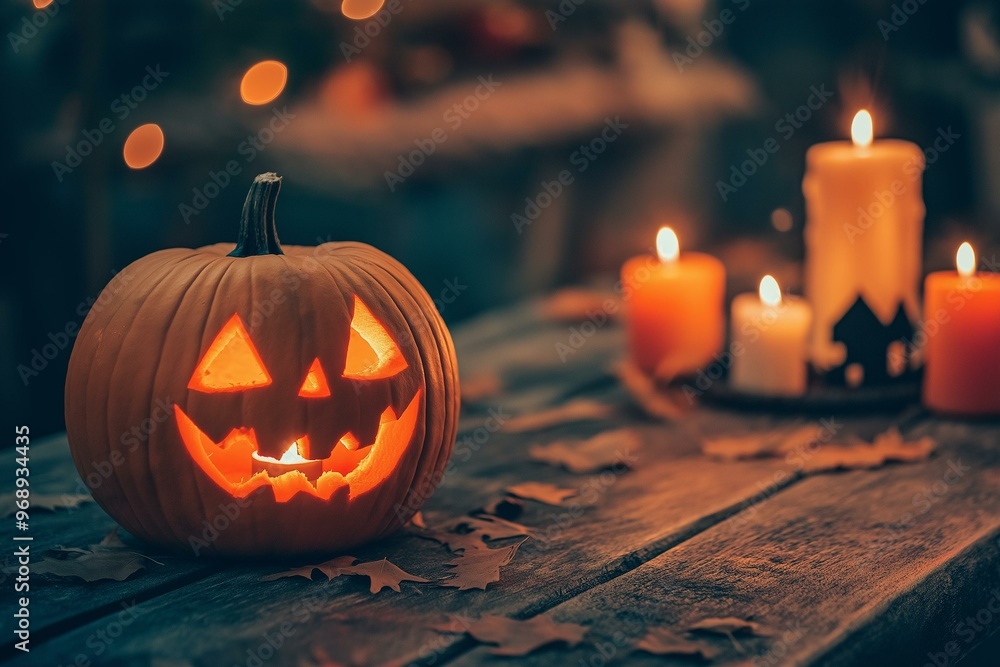 Halloween Ambiance with Jack-o'-lantern and Candles