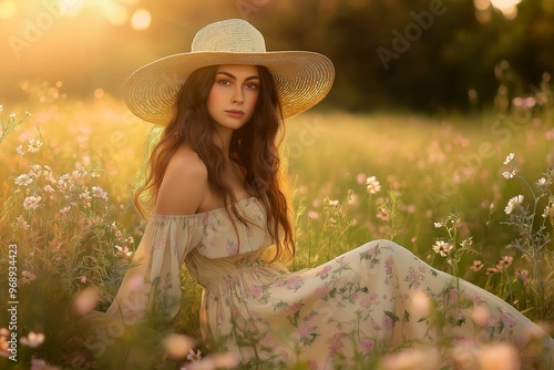 Obraz na płótnie Serene Portrait of a Woman in a Floral Meadow w salonie