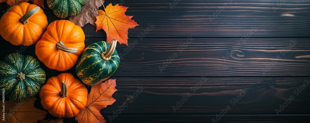 Autumn Harvest Display of Pumpkins and Leaves
