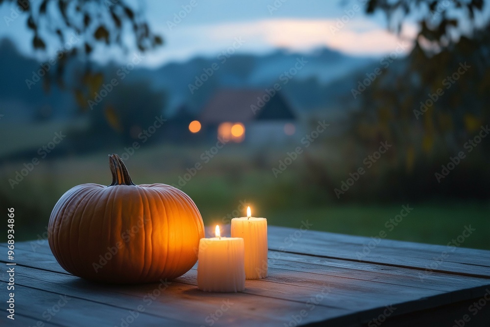 Autumnal Pumpkin and Candle Display During Twilight