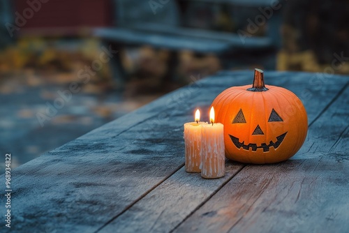 Obraz na płótnie Halloween Celebration Emphasized with Candlelight and Pumpkin w salonie