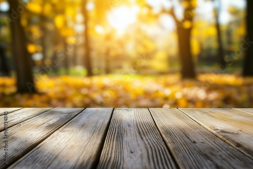 Obraz na płótnie Autumn Serenity on a Wooden Deck Overlooking a Forest w salonie
