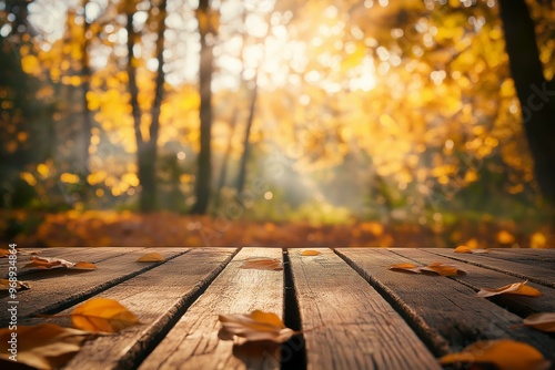 Obraz na płótnie Autumnal Forest Perspectives Focused Through a Wooden Table w salonie