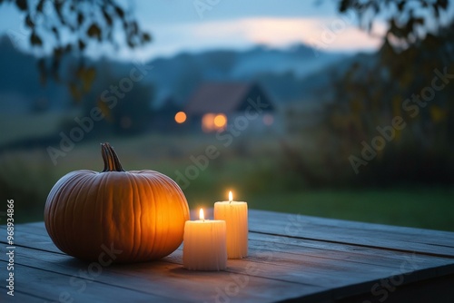 Obraz na płótnie Autumnal Pumpkin and Candle Display During Twilight w salonie