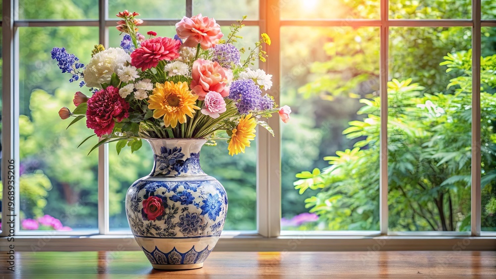 Elegant Chinese vase with colorful flower bouquet on a table in front of a window Elegant Chinese vase with colorful flower bouquet on a table in front of a window