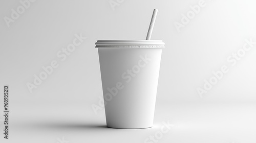 Minimalist White Paper Cup with Straw on Plain Background Generative AI