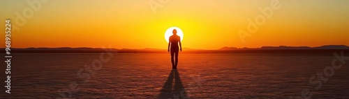 A solitary figure silhouetted against a setting sun, walking through an infinite desert, representing the endless pursuit of a distant goal