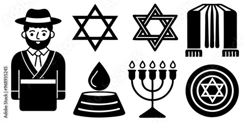 Jewish icon set featuring star of david, menorah, and traditional symbols for cultural and educational design