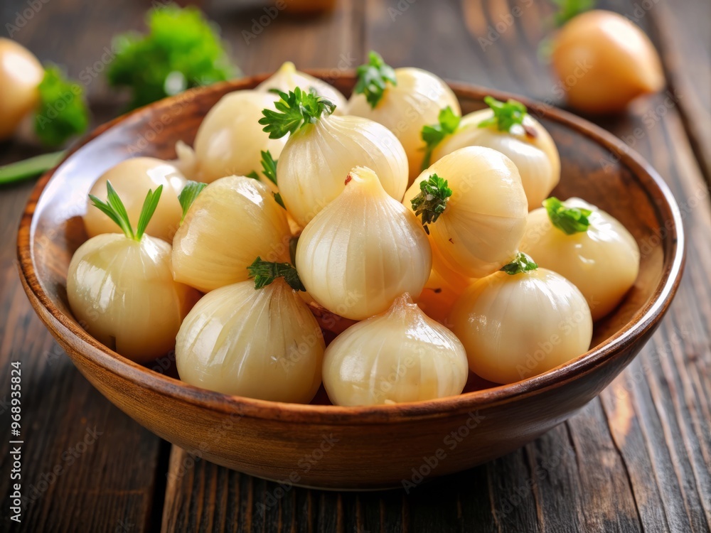 Soft, delicate onions cling to each other, their papery white skin glistening with moisture, as if savoring the gentle warmth of the pasteurized water. Soft, delicate onions cling to each other, their papery white skin glistening with moisture, as if savoring the gentle warmth of the pasteurized water.
