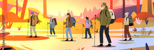 Hiking group in colorful forest landscape autumn outdoor adventure trekking backpacks walking sticks nature exploration
