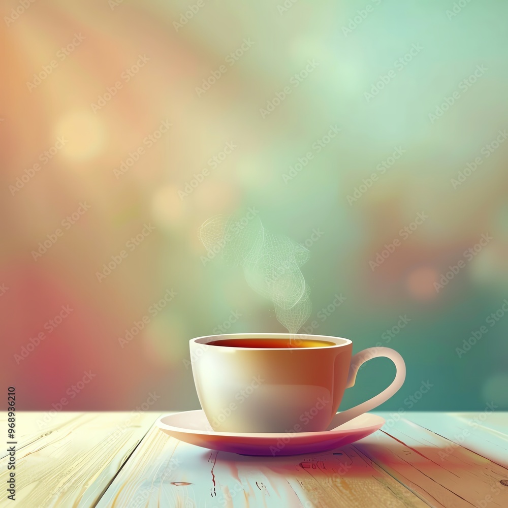 Steaming cup of hot coffee on a wooden table with a colorful, blurred background. Perfect for relaxation and morning routines. Steaming cup of hot coffee on a wooden table with a colorful, blurred background. Perfect for relaxation and morning routines.