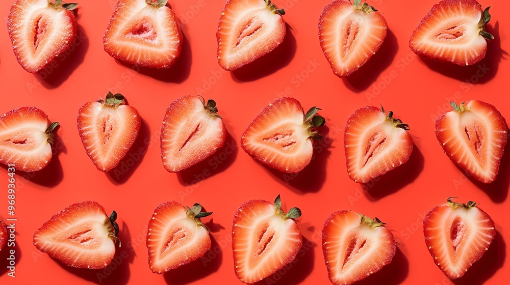 A flat lay of strawberry halves arranged in rows on a red background. A flat lay of strawberry halves arranged in rows on a red background.
