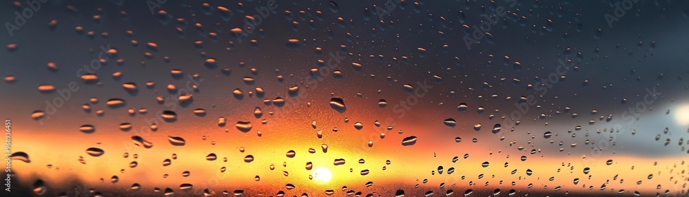 Rain droplets on a train window reflecting a distant sunset, symbolizing a journey filled with both challenges and hope Rain droplets on a train window reflecting a distant sunset, symbolizing a journey filled with both challenges and hope