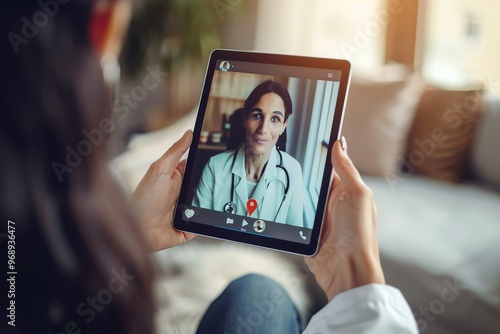 Person holding a tablet in a virtual doctor consultation, showcasing telemedicine and online healthcare communication.