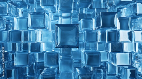 A close-up shot of clear blue glass cubes stacked together.