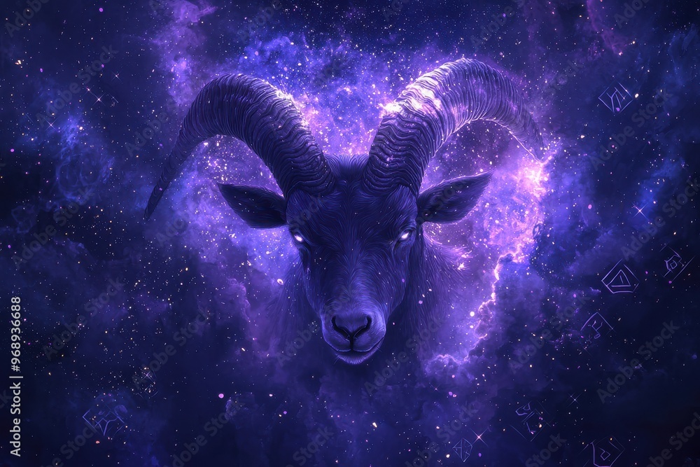 Majestic ram's head silhouetted against a mystical, nebula filled night sky Majestic ram's head silhouetted against a mystical, nebula filled night sky